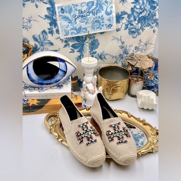 🆕 TORY BURCH 🧿 NWOT Ines Linen & Leather Bejewelled Espadrilles - Size 9 - Picture 2 of 16